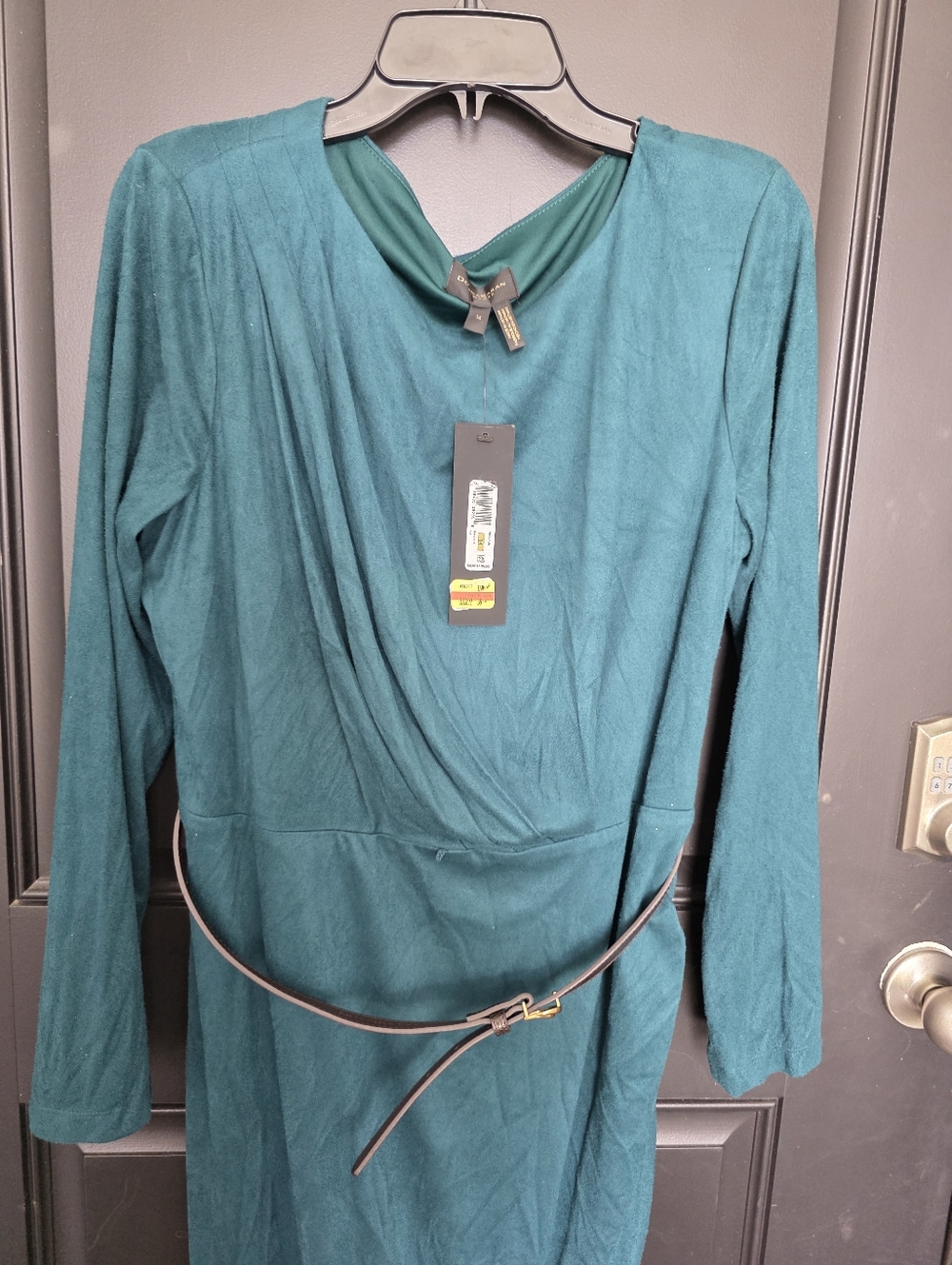 Donna Karan New York Teal Draped Dress Sz 16 Long Sleeve Belted Midi Sheath NWT - Picture 7 of 13